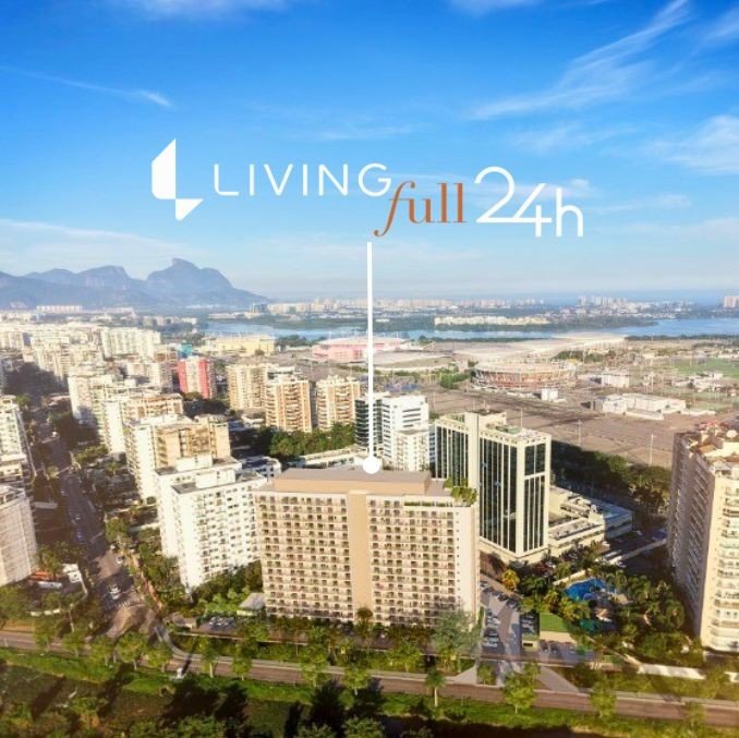 Vista aérea do Living Full 24h, com a localização exata do empreendimento na Barra Olímpica
